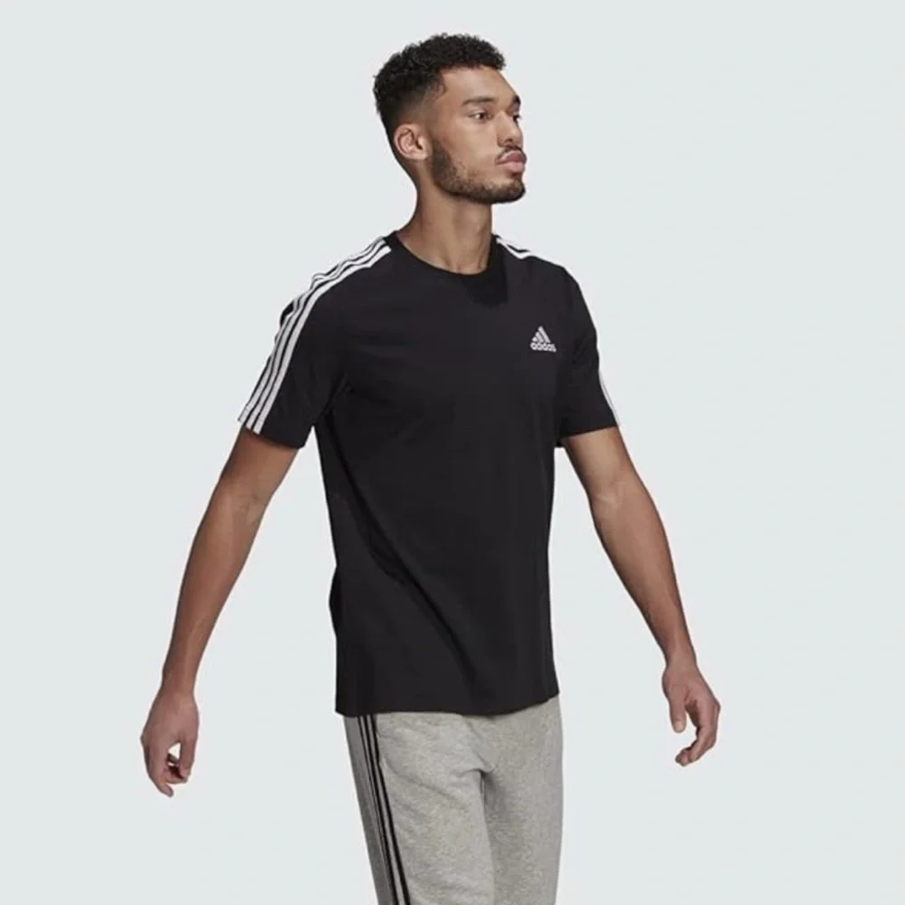 NWT Adidas Black Short Sleeve Tee with Signature Stripes - Picture 2 of 5